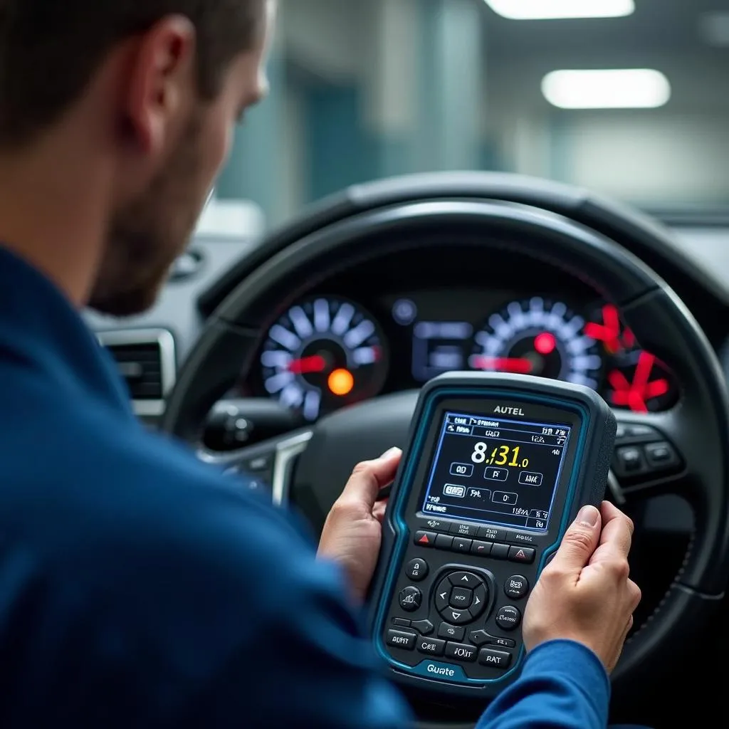 Mécanicien utilisant un outil de diagnostic Autel dans un garage automobile