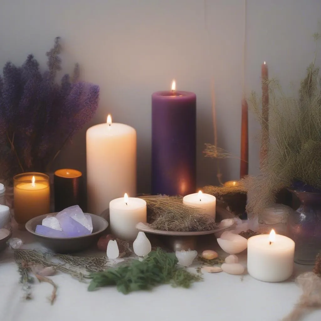 Autel Wiccan moderne avec des bougies, des cristaux et des herbes