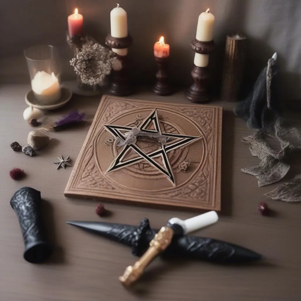 Autel Wiccan traditionnel avec un pentagramme, un athame et un calice