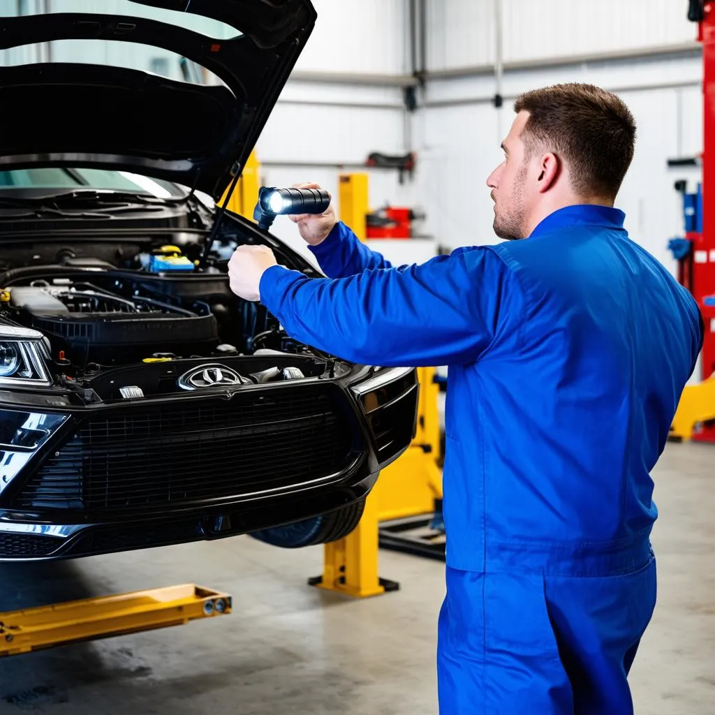 Mécanicien inspectant le moteur d'une voiture