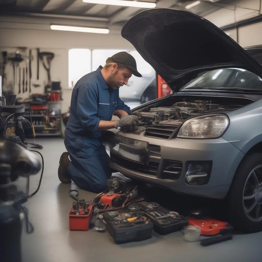 Car Mechanic Repairing Engine