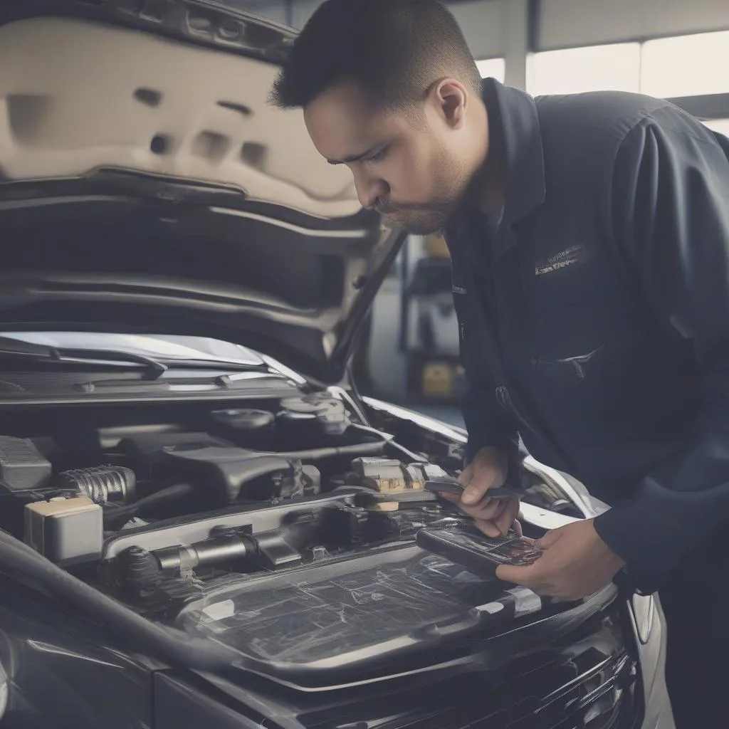 Car mechanic using a scanner