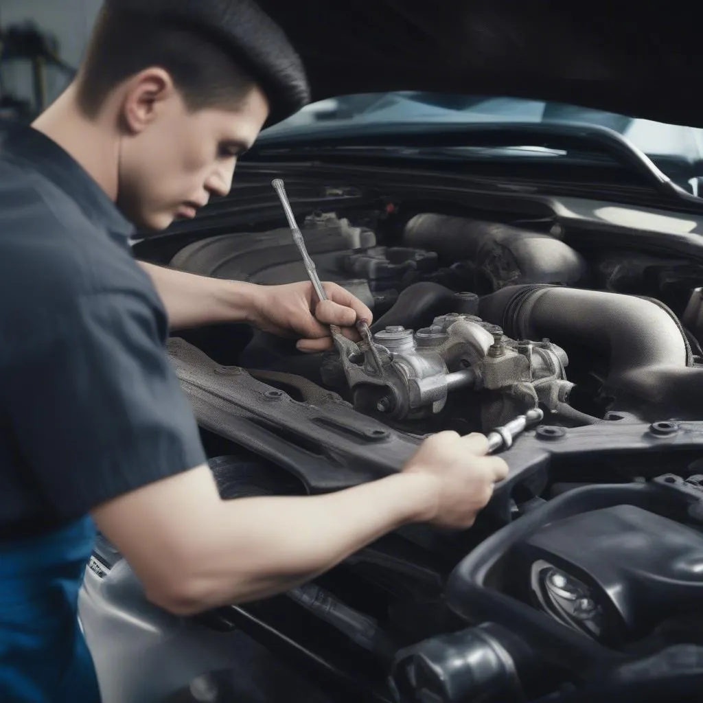 Mécanicien automobile travaillant sur un moteur