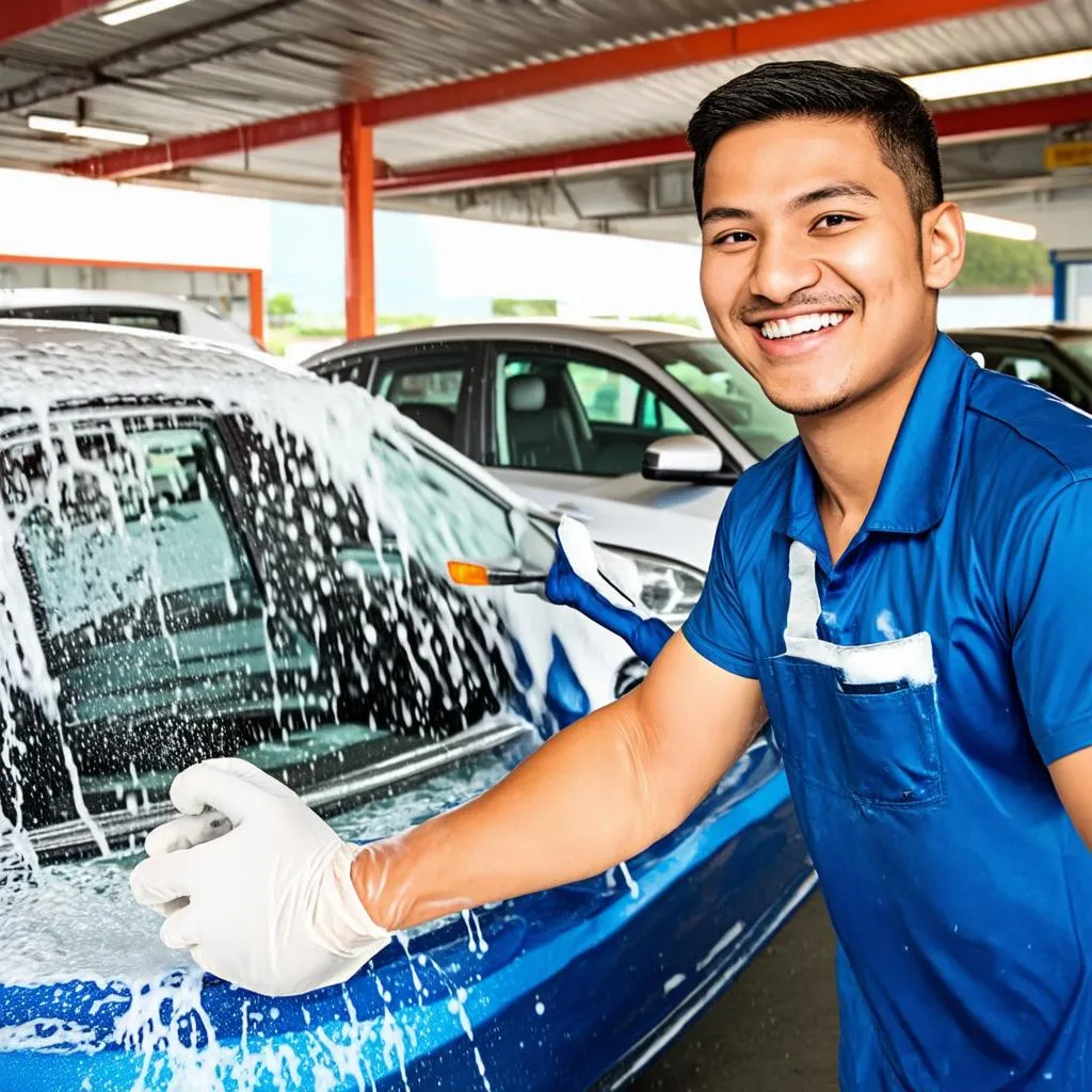 Un employé de station de lavage souriant