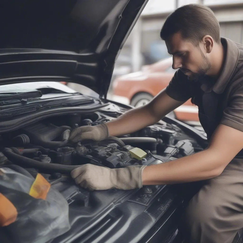 Mechanic checking car