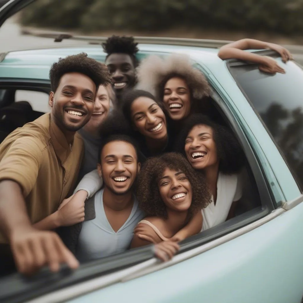 Groupe de personnes faisant du covoiturage et souriant