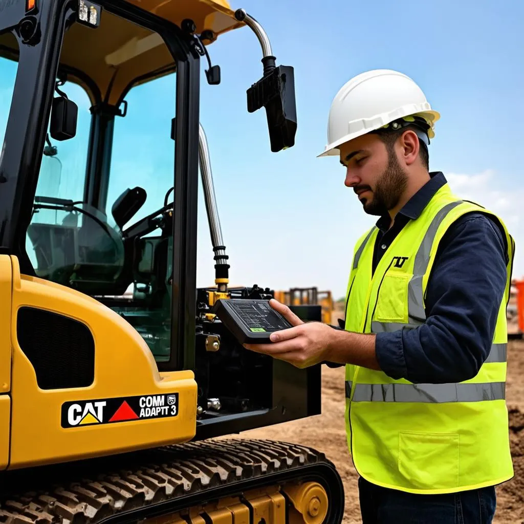 Technicien utilisant le CAT Comm Adapter 3 sur un engin de chantier