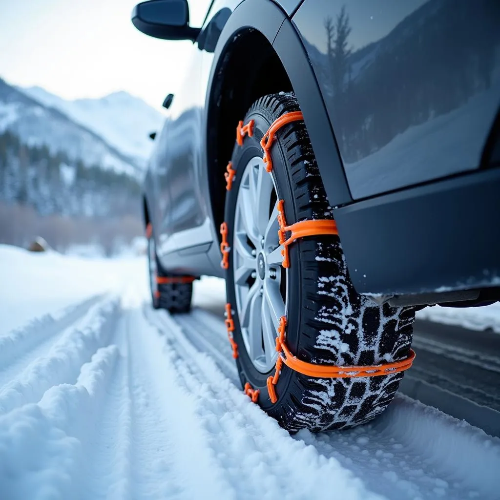 Chaînes à neige montées sur une voiture