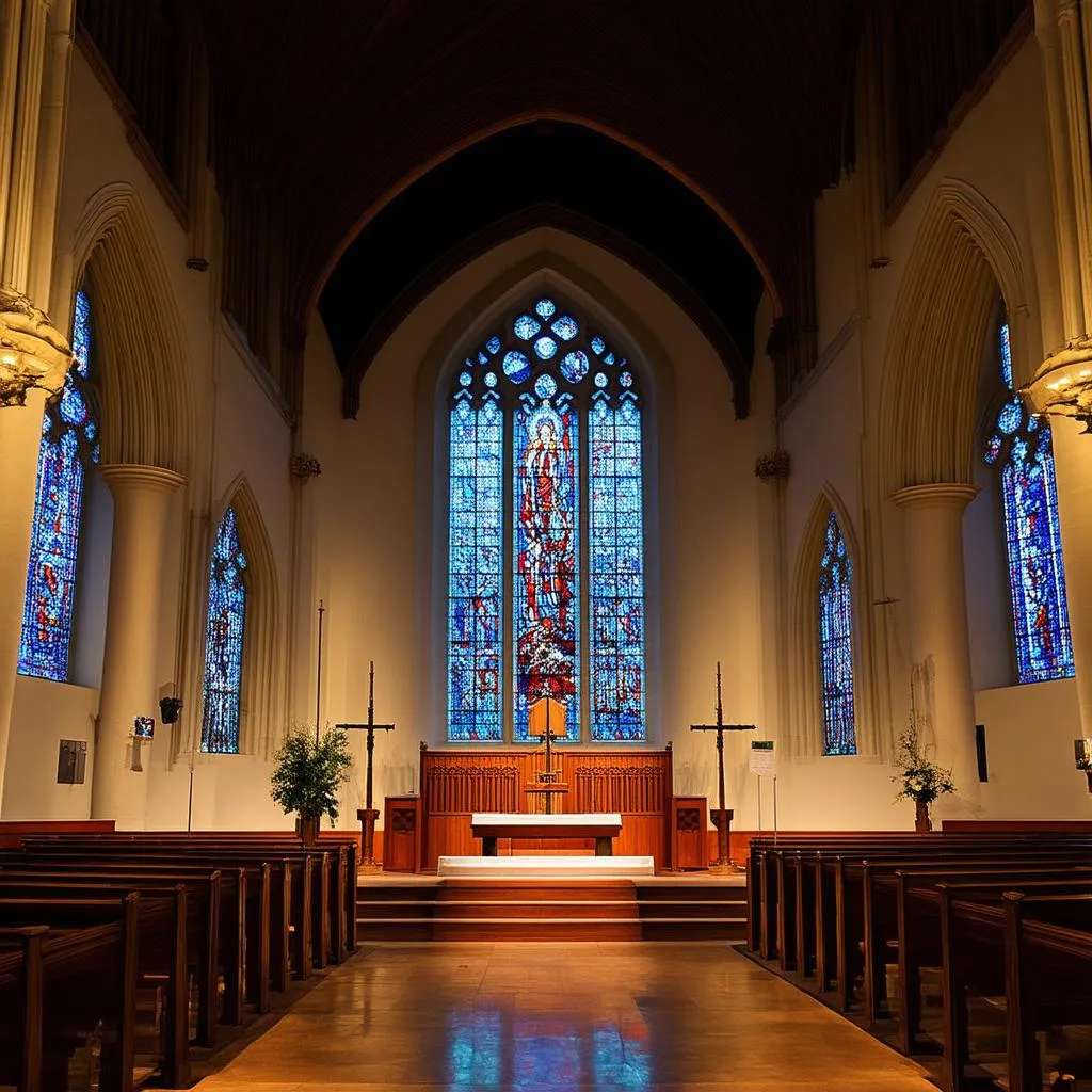 church interior with altar and stained glass