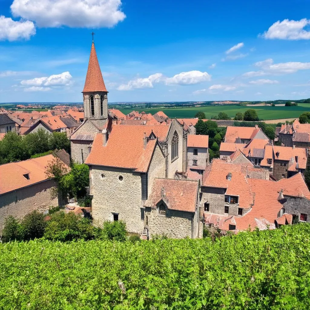 ciel bleu avec des nuages blancs moelleux au-dessus d'un village français pittoresque, avec des maisons aux toits rouges et une église en pierre au centre, entouré de champs verts luxuriants.