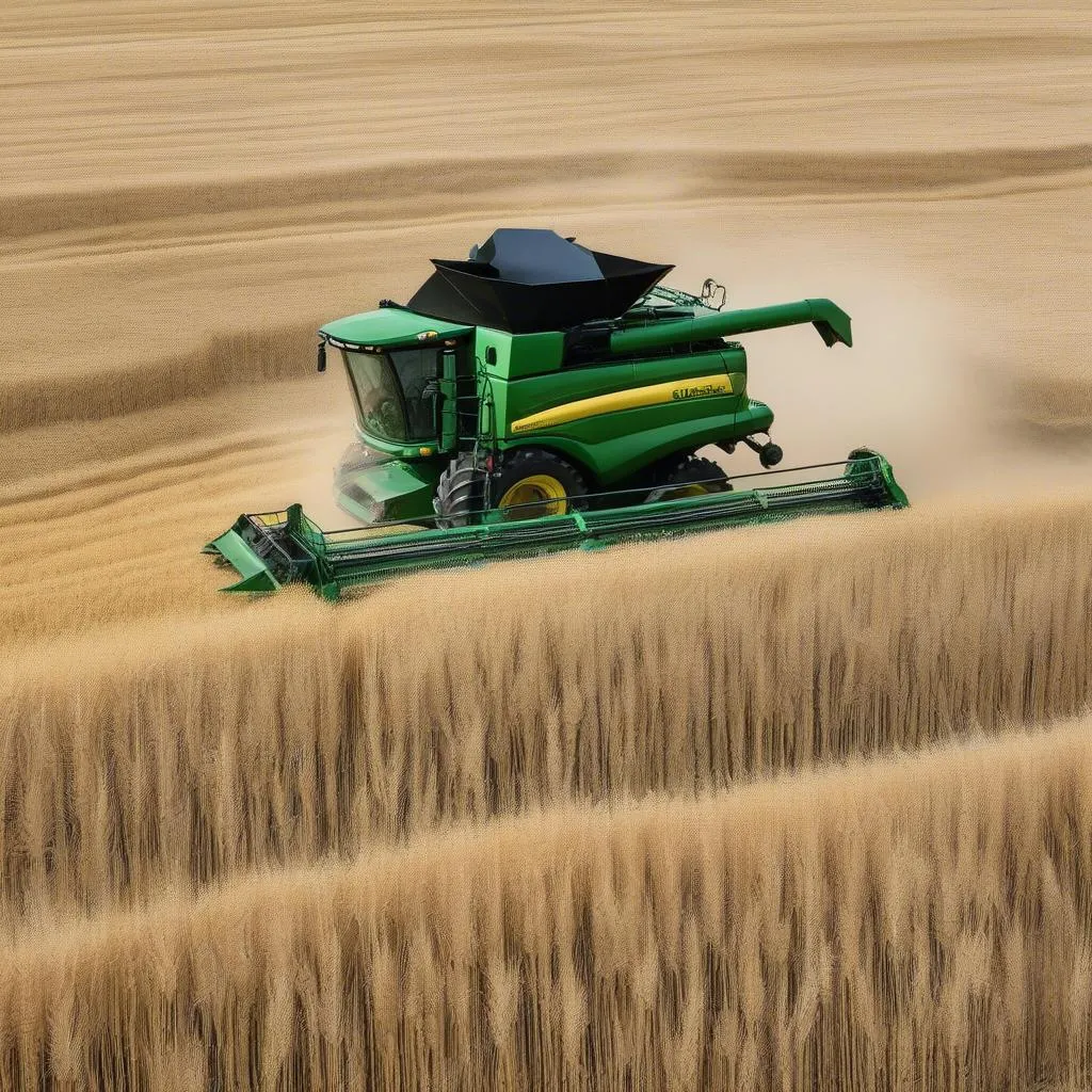 Moissonneuse-batteuse John Deere dans un champ de blé