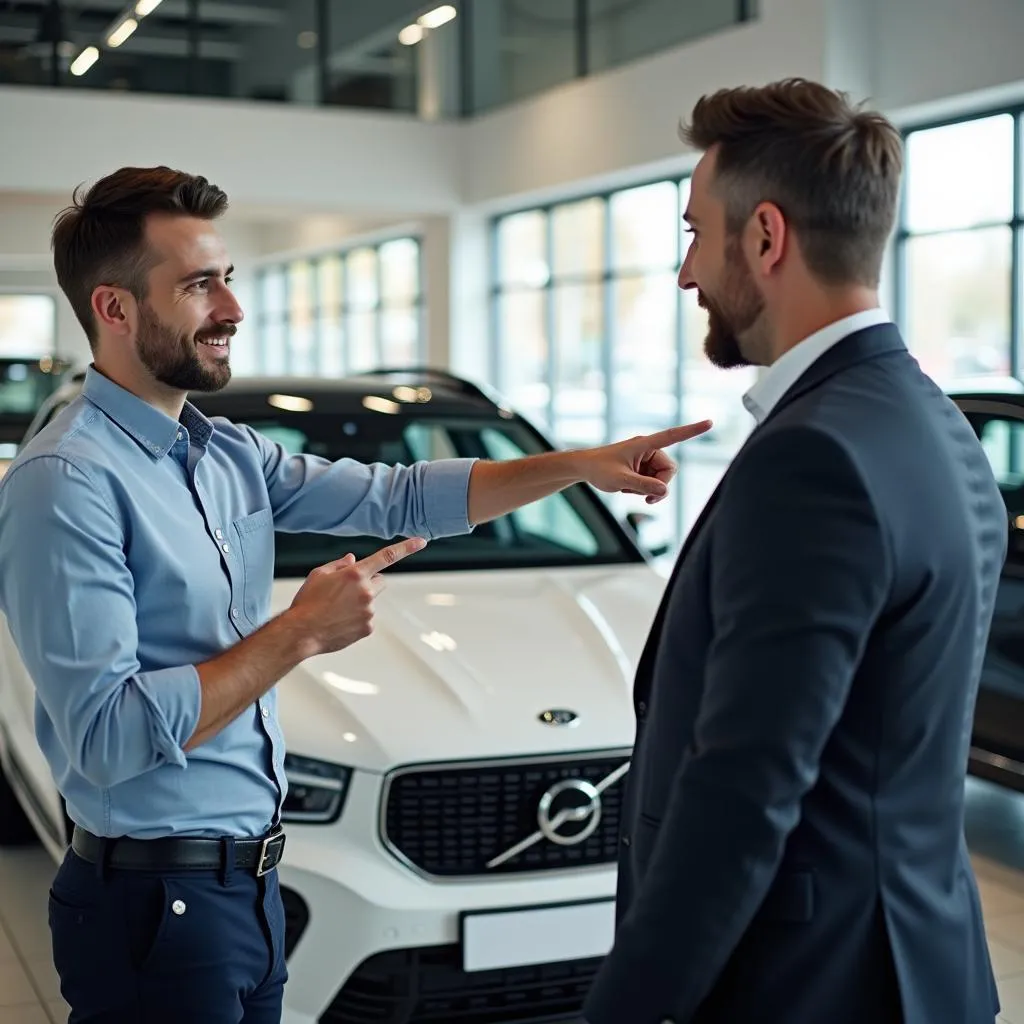 Conseiller automobile présentant une voiture à un client