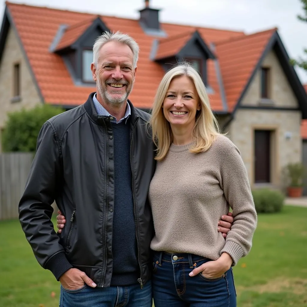 Couple heureux devant leur nouvelle maison à Saint-Laurent-des-Autels