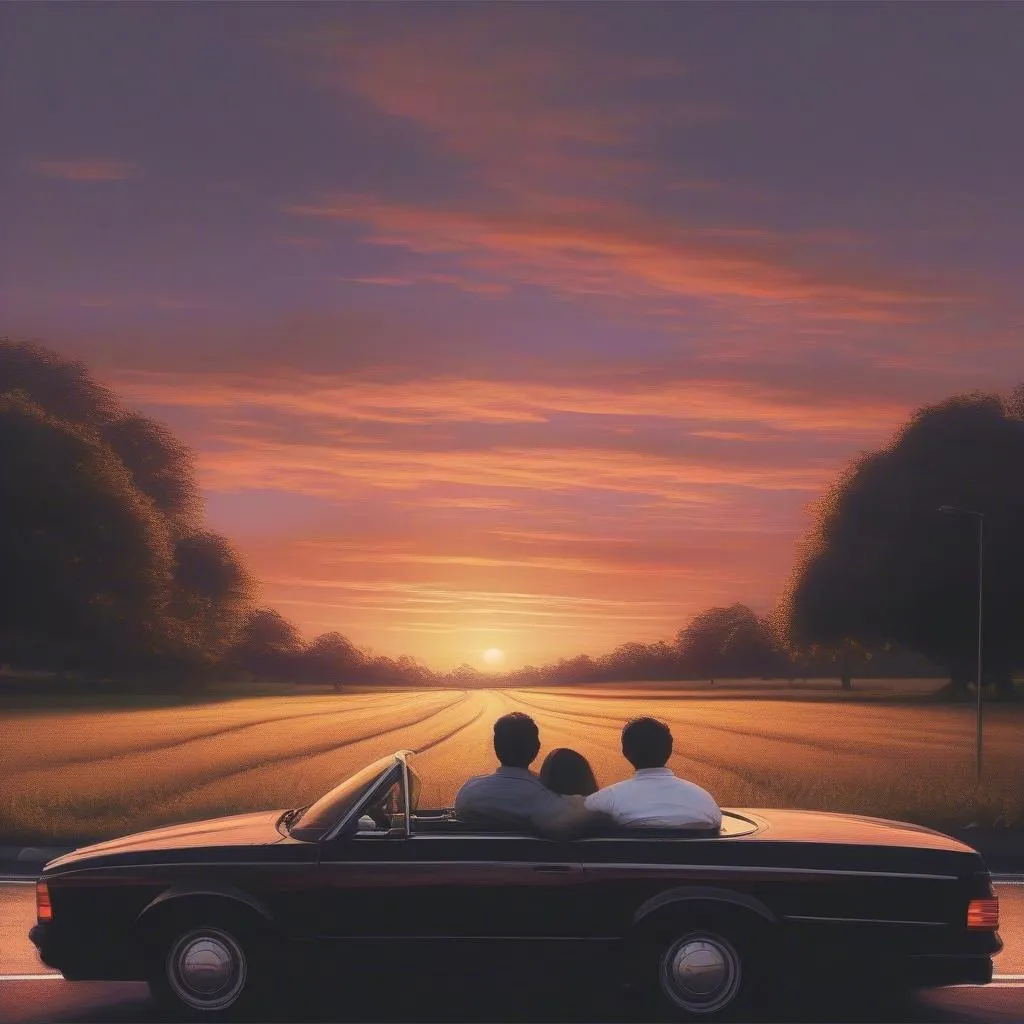 Couple regardant le coucher de soleil depuis leur voiture sur une route