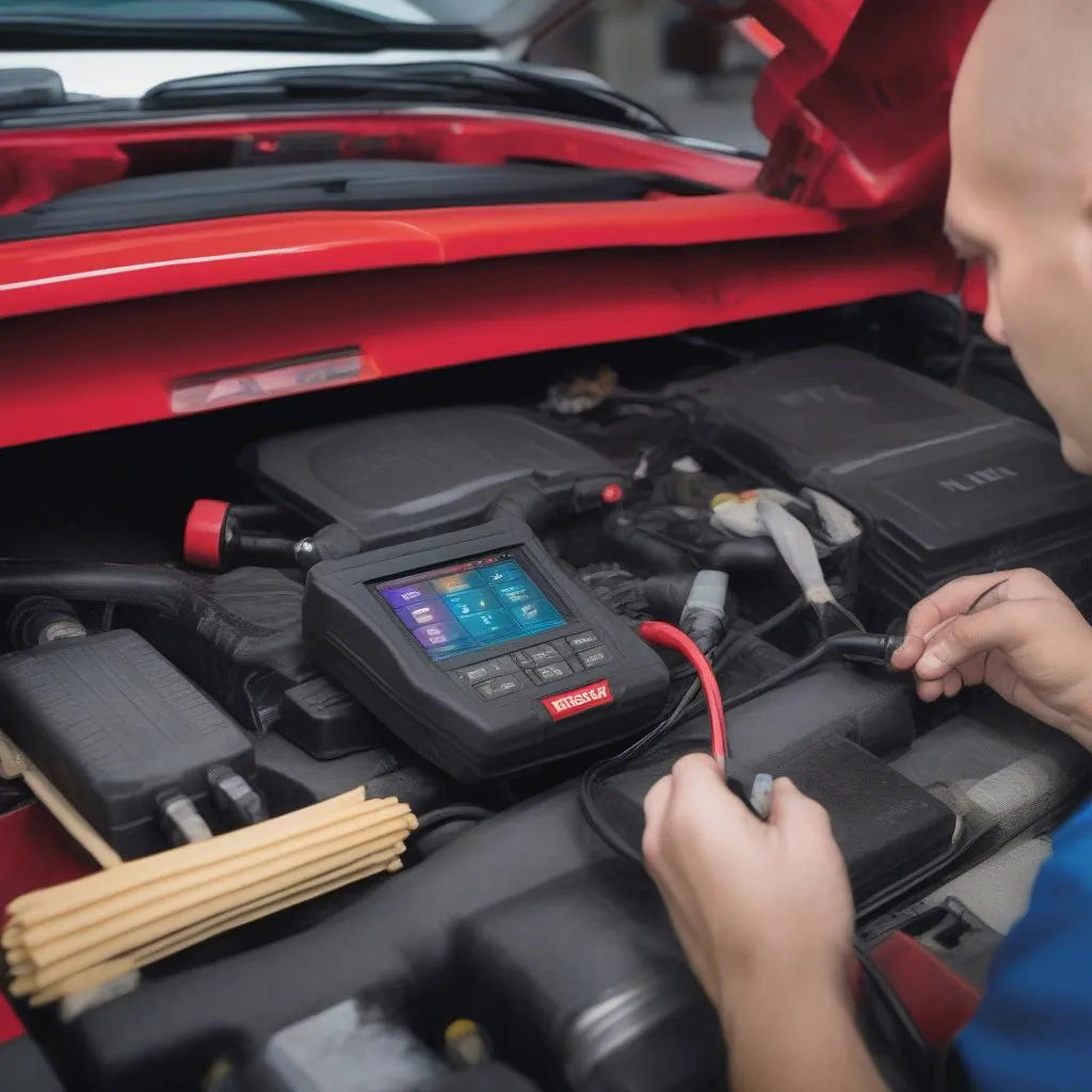 Un outil de diagnostic Autel MaxiCOM MK808 utilisé par un mécanicien professionnel