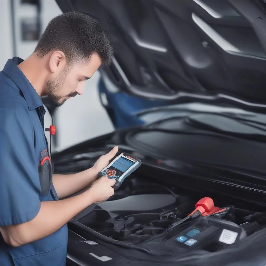 Une vue d'un technicien qualifié utilisant un outil de diagnostic automobile Autel