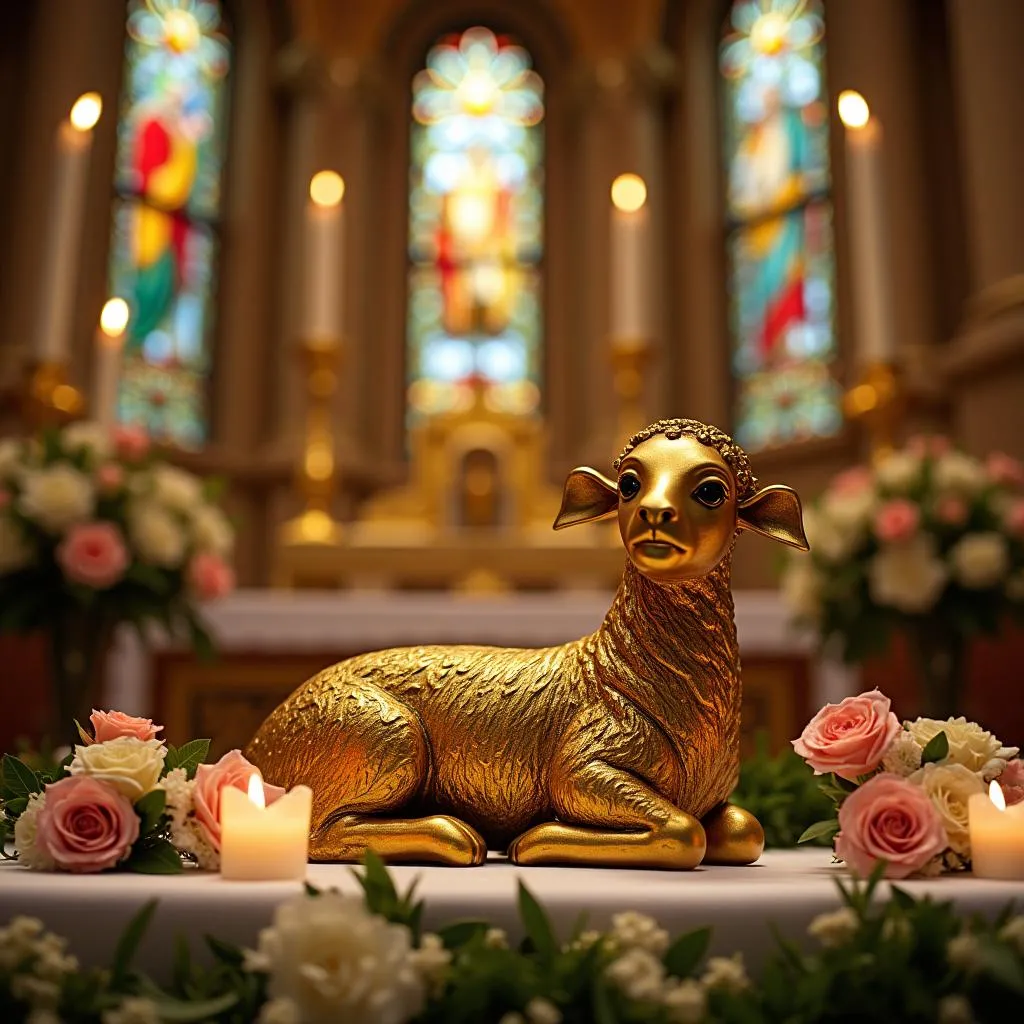 Décoration d'autel avec un agneau dans une église