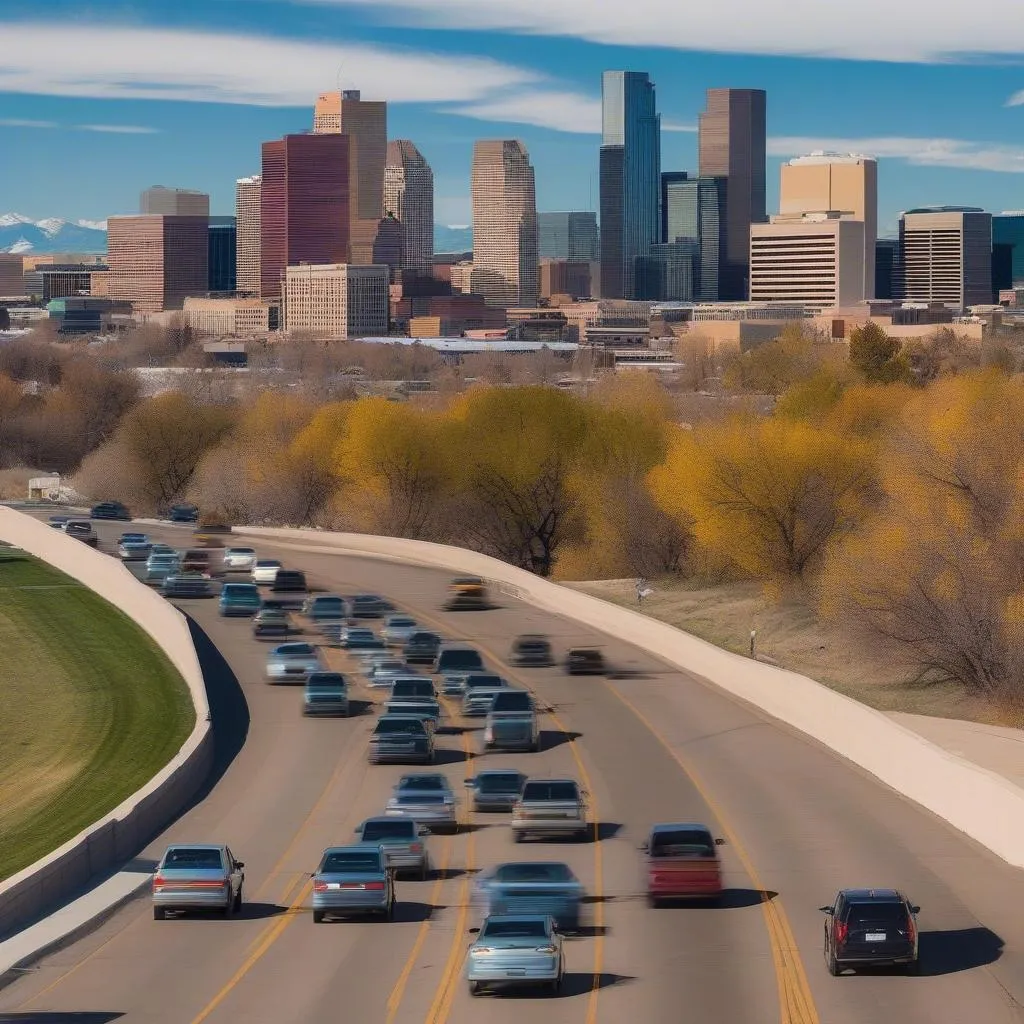 Le skyline de Denver avec des voitures