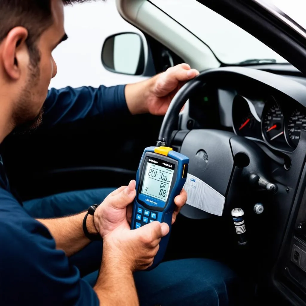 Mécanicien utilisant un outil de diagnostic électronique sur une voiture