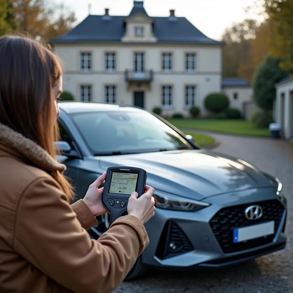 Diagnostique d'une voiture moderne devant le Manoir de Caudemone