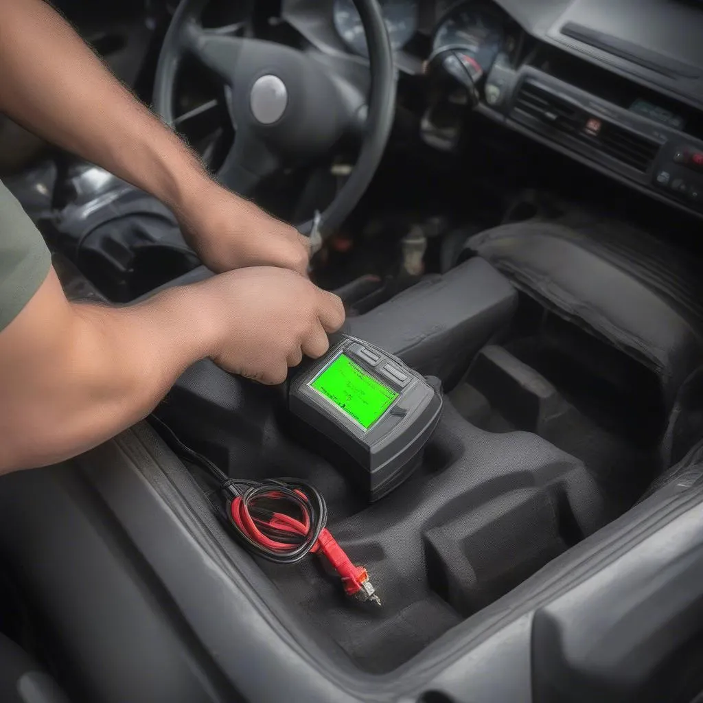 Mécanicien utilisant le Dorman OBD Software Transfer Tool