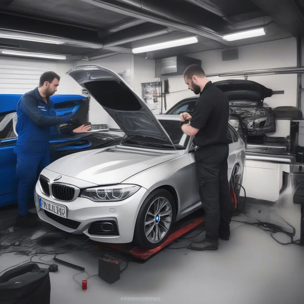 Un mécanicien à Paris utilisant TeamViewer pour diagnostiquer une BMW