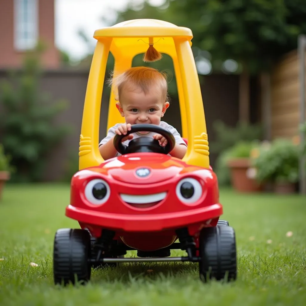 Enfant Conduisant une Voiture Little Tikes dans le Jardin