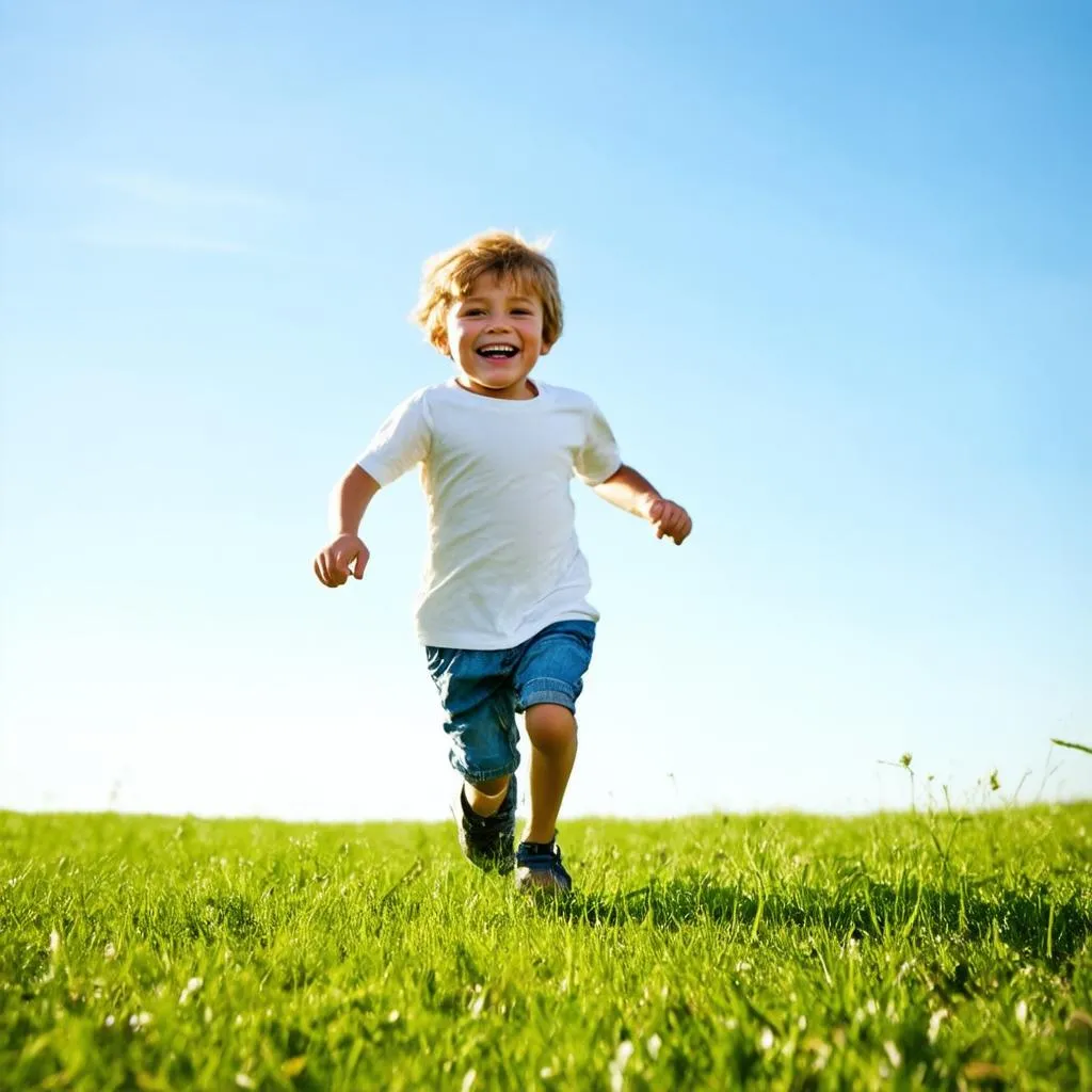 Un enfant joue dans une prairie, courant en rond avec un sourire joyeux.