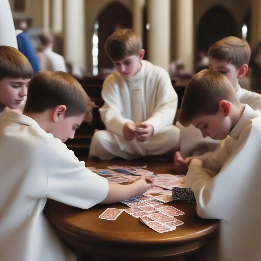 Enfants servants d'autel jouant à un jeu de cartes