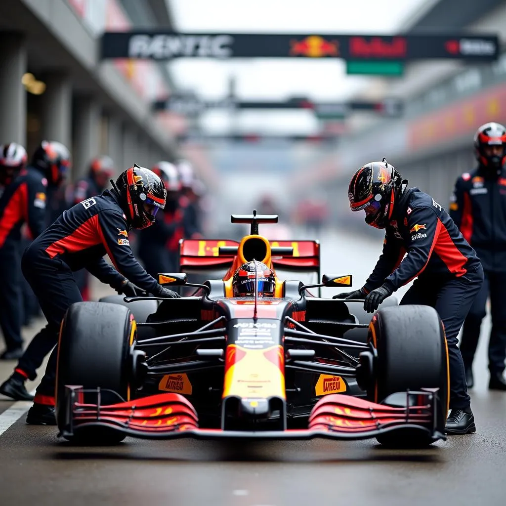 Equipe de mécaniciens effectuant un arrêt au stand lors d'une course de Formule 1