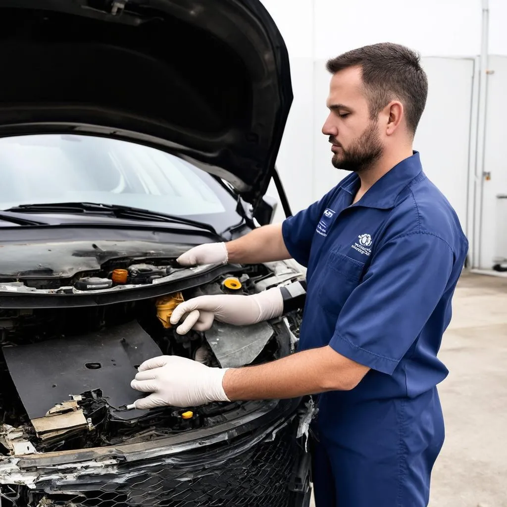 Expert automobile examinant une voiture endommagée