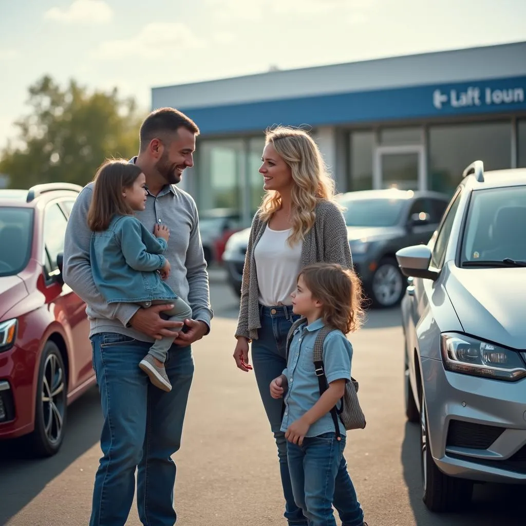 Famille américaine devant une concession automobile