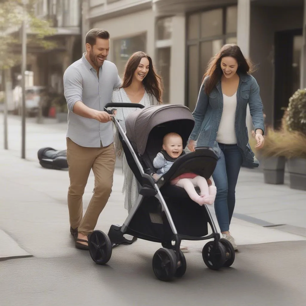 Famille heureuse avec une poussette