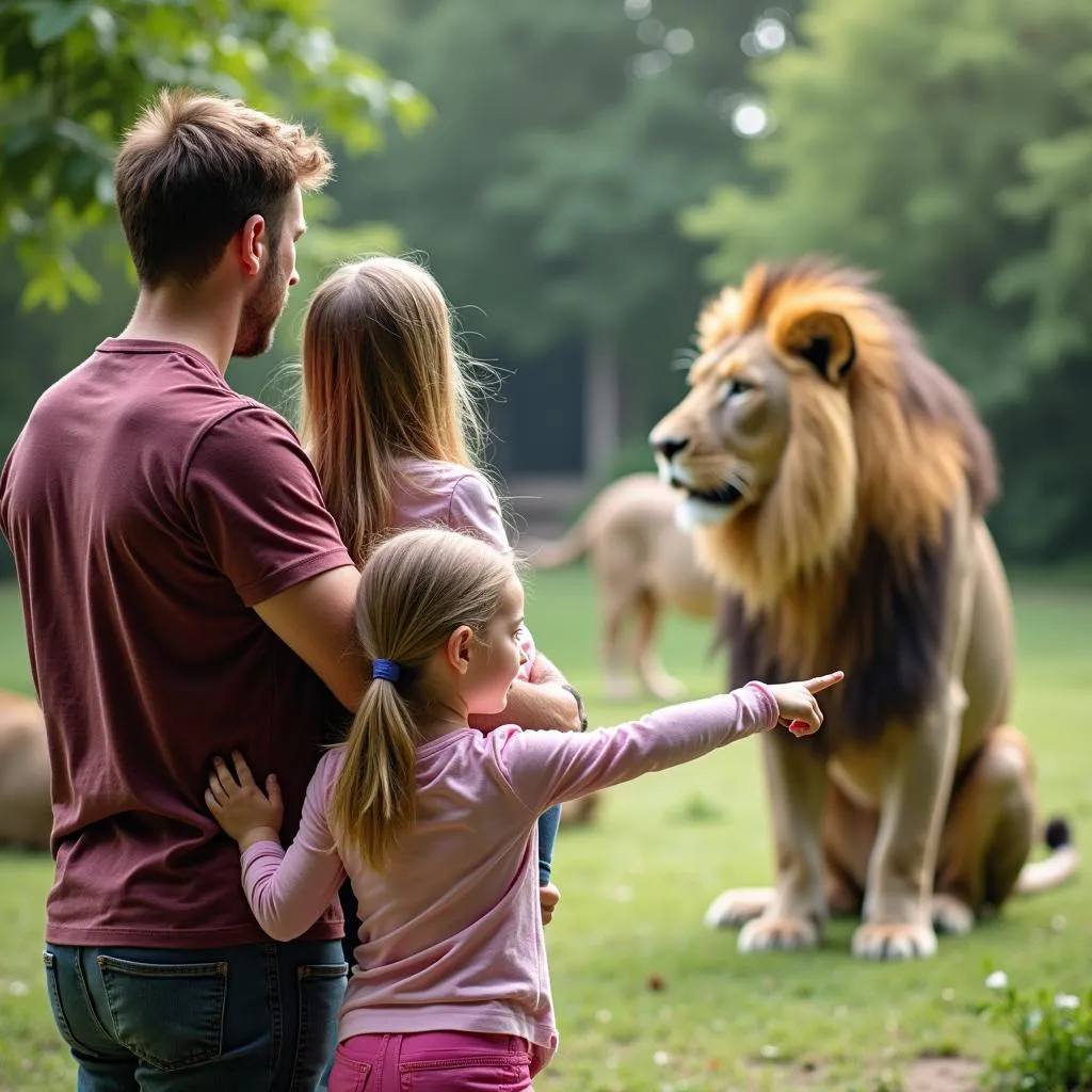 Famille observant les lions au Parc de Saint Laurent des Autels