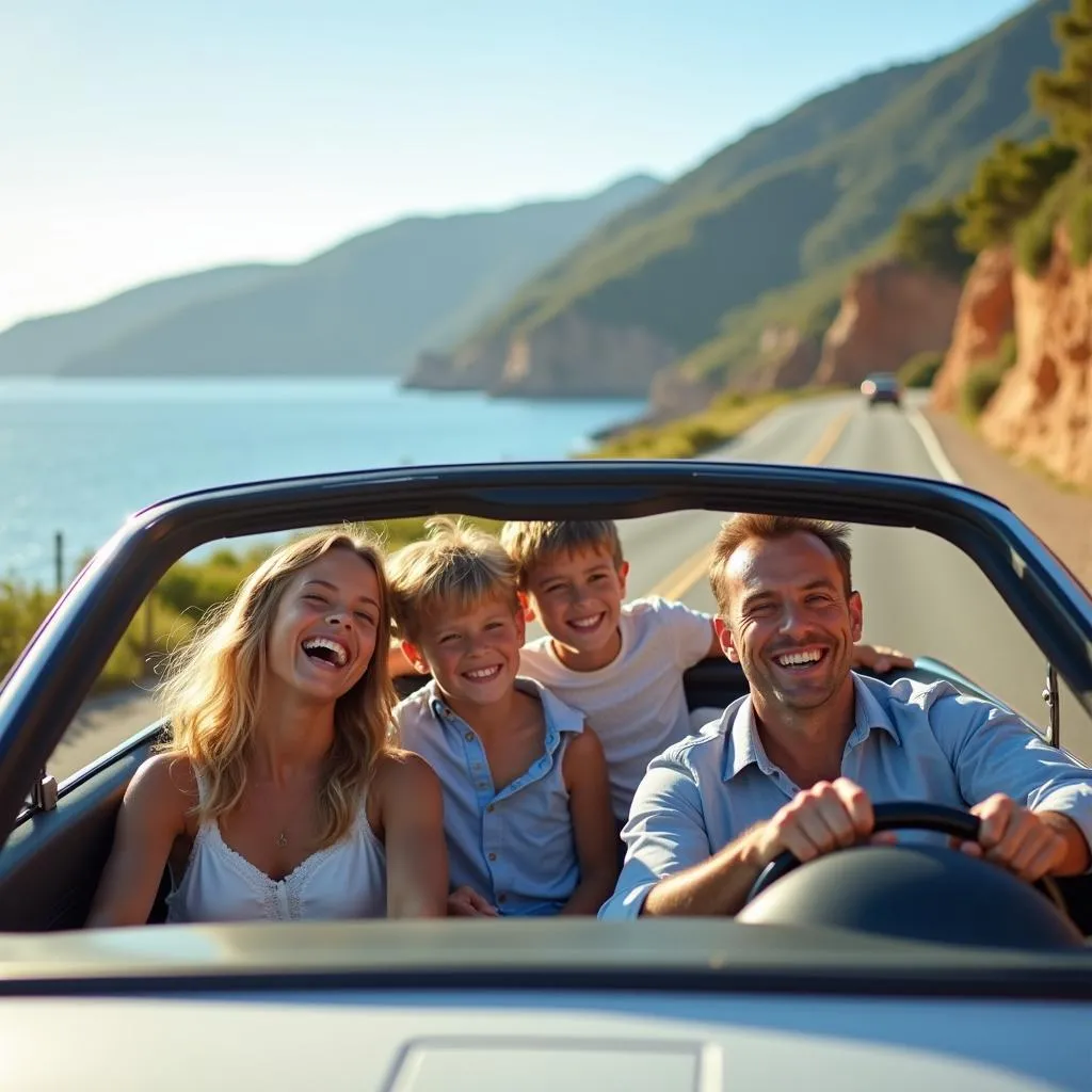 Famille profitant d'un voyage en voiture décapotable