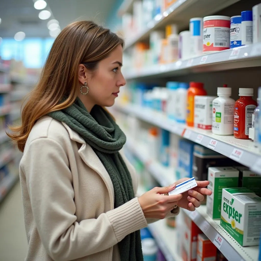 Femme achetant des médicaments en vente libre dans une pharmacie