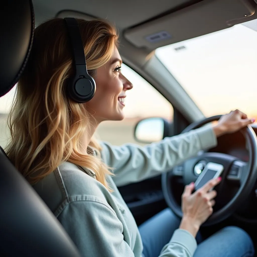 Femme conduisant une voiture et écoutant de la musique via un adaptateur Bluetooth