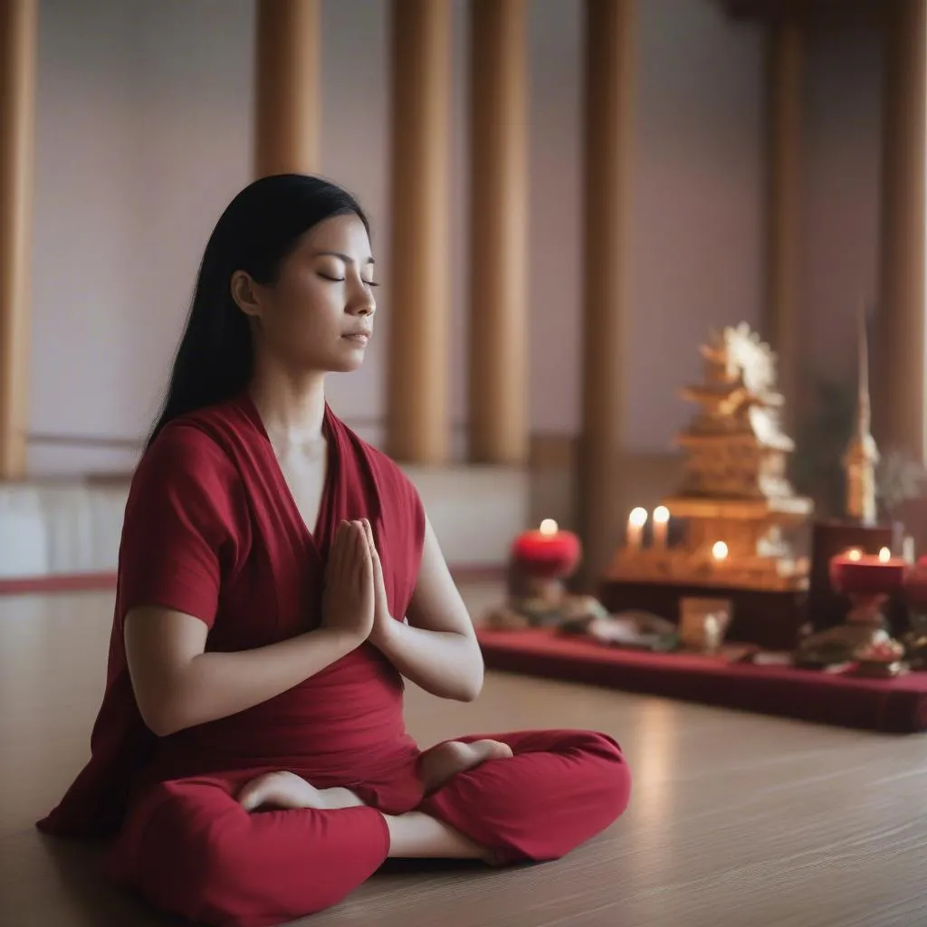 Femme méditant devant un autel Bouddha