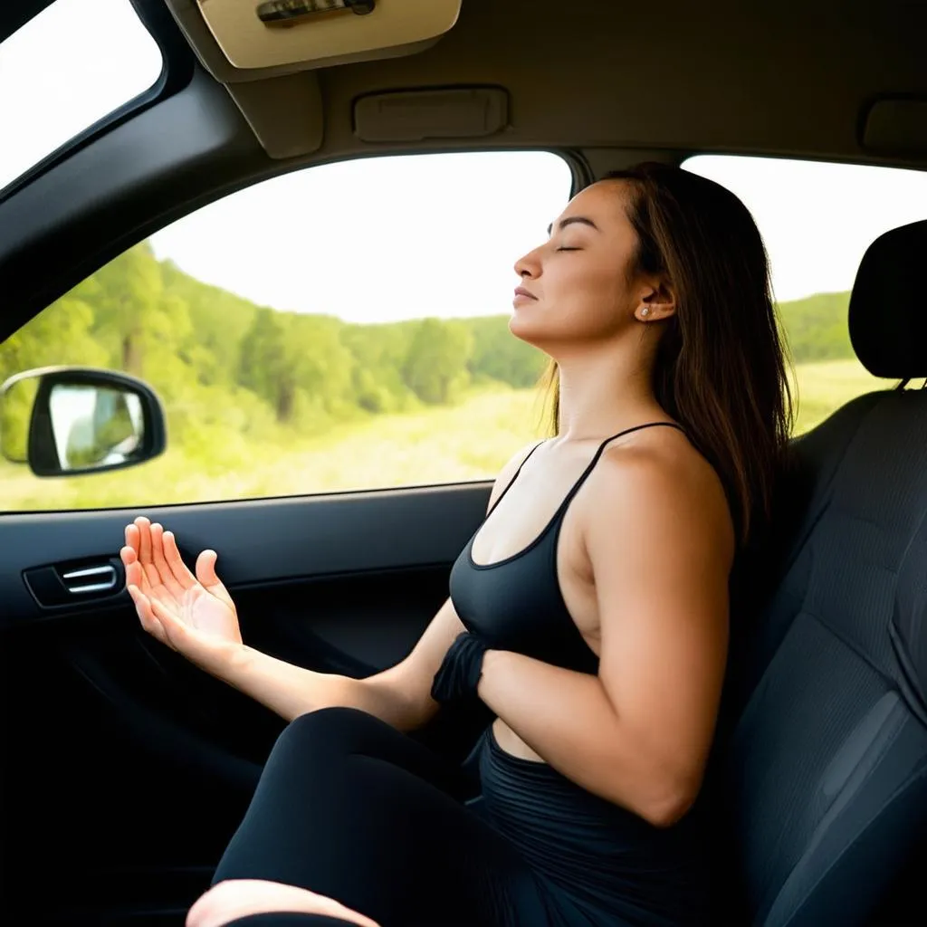 femme méditant dans sa voiture