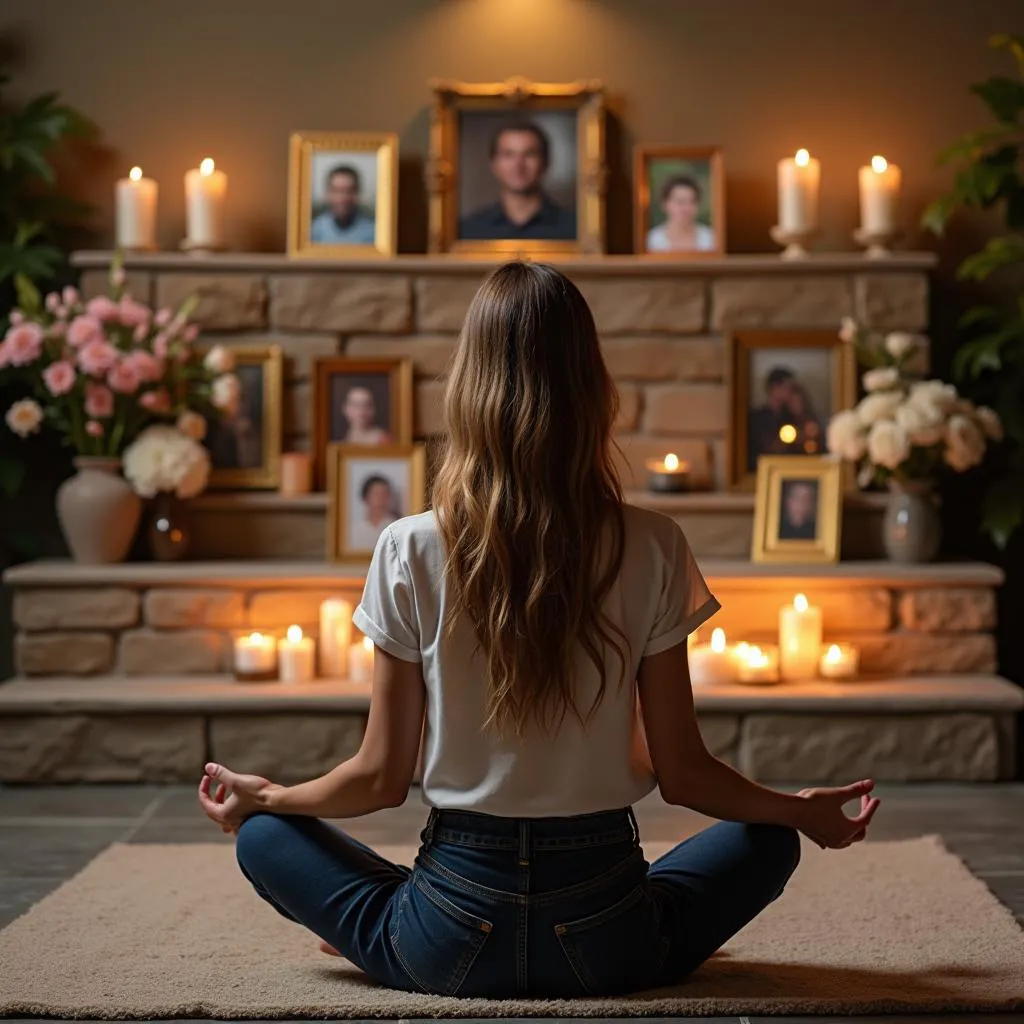 Femme médite devant un autel en mémoire d'un être cher