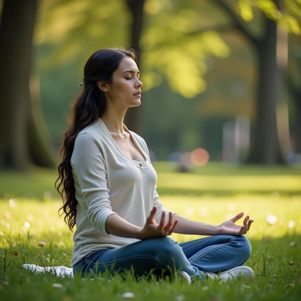 Femme méditant dans un parc, recherchant le calme et la paix intérieure.