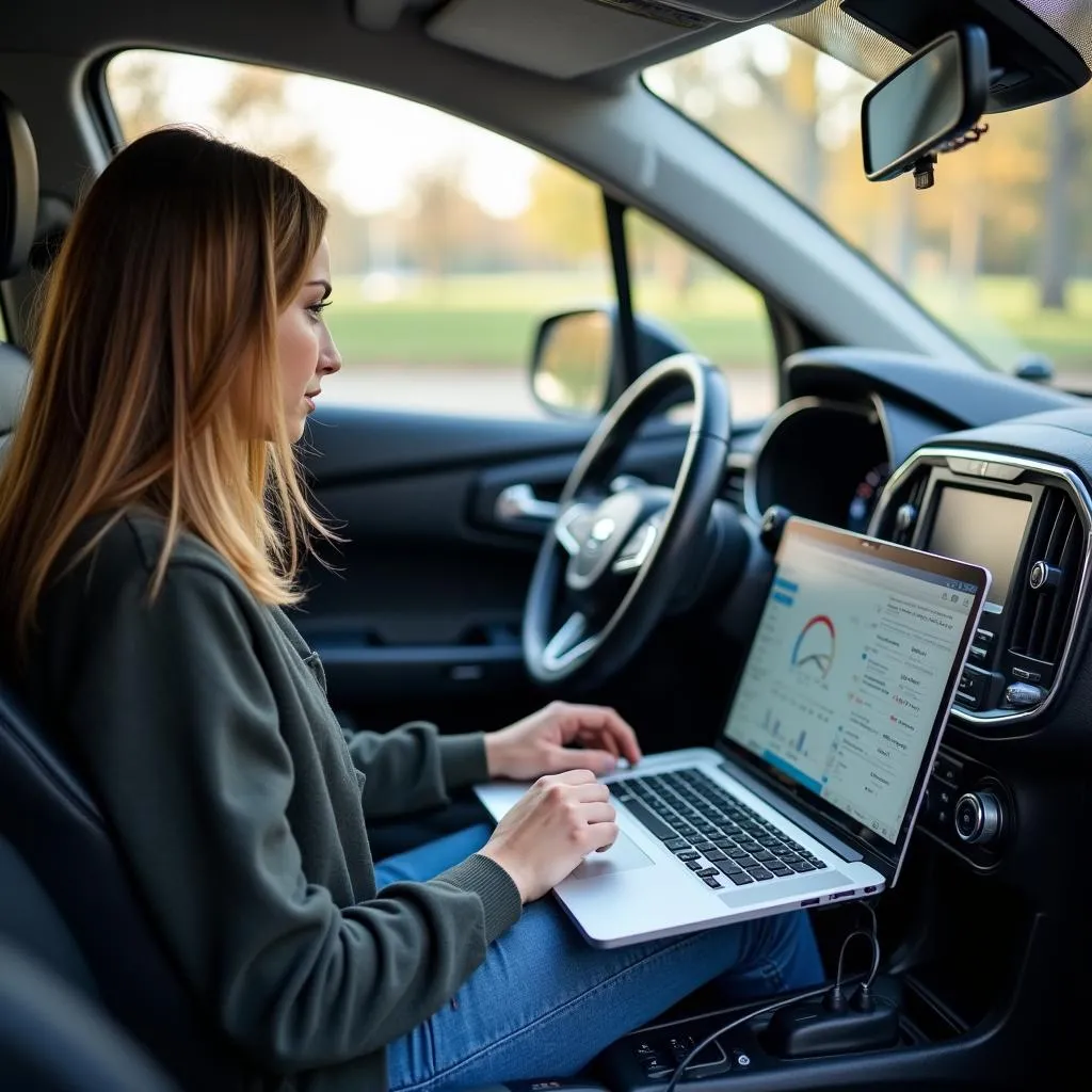 Une femme consulte un logiciel OBD sur son ordinateur portable, branché à sa voiture