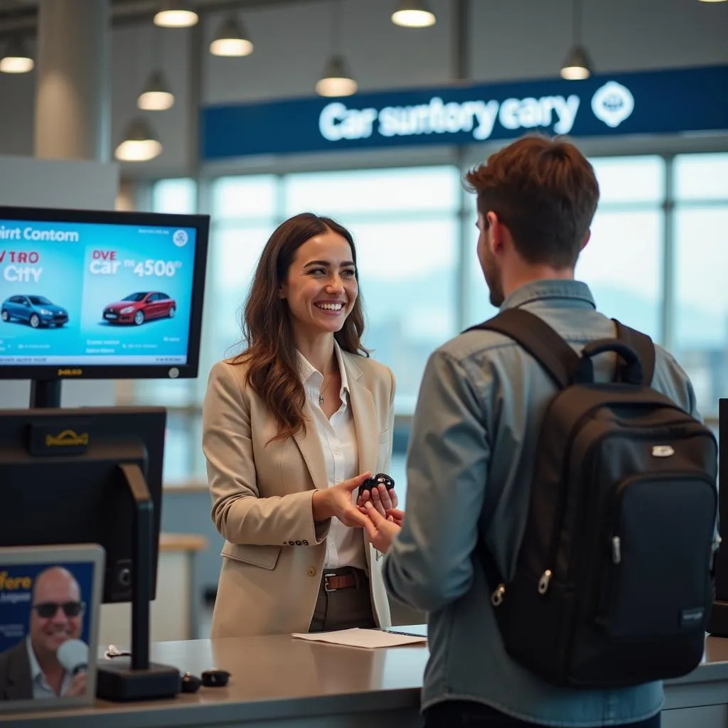 Une femme récupère sa voiture de location au comptoir de l'aéroport