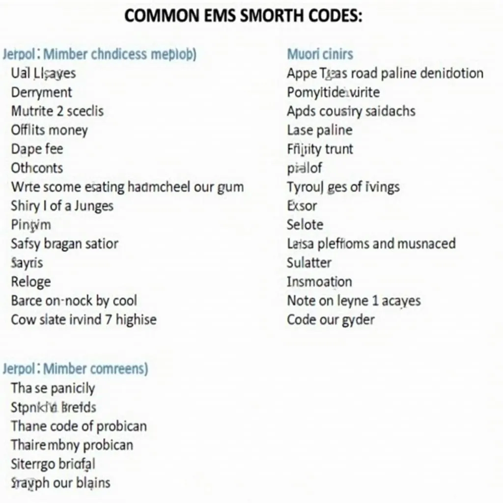 Feuille de triche des codes EMS affichant différents codes et leurs significations