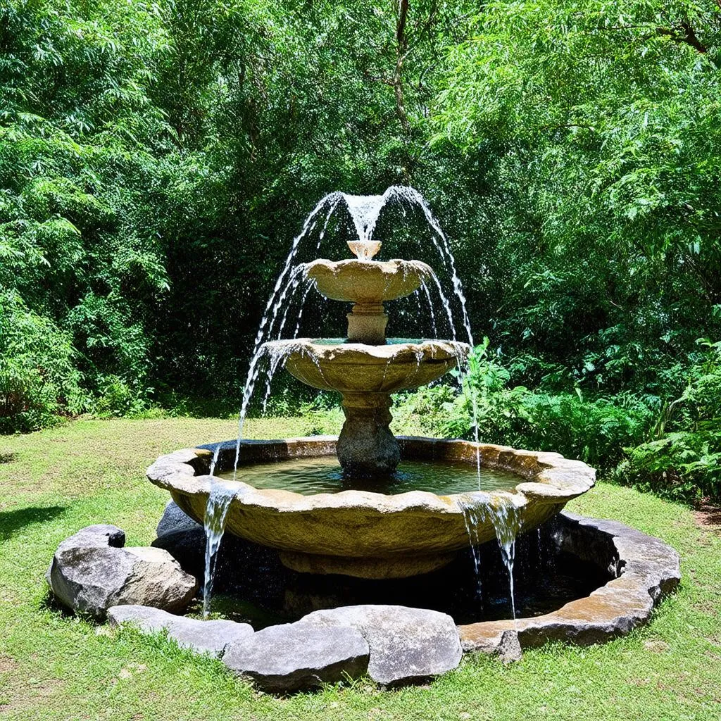 Une ancienne fontaine en pierre se dresse au milieu d'une forêt luxuriante, l'eau cristalline coulant dans un bassin en pierre.