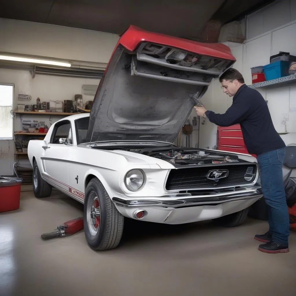 Un mécanicien travaillant sur une Ford Mustang dans un garage