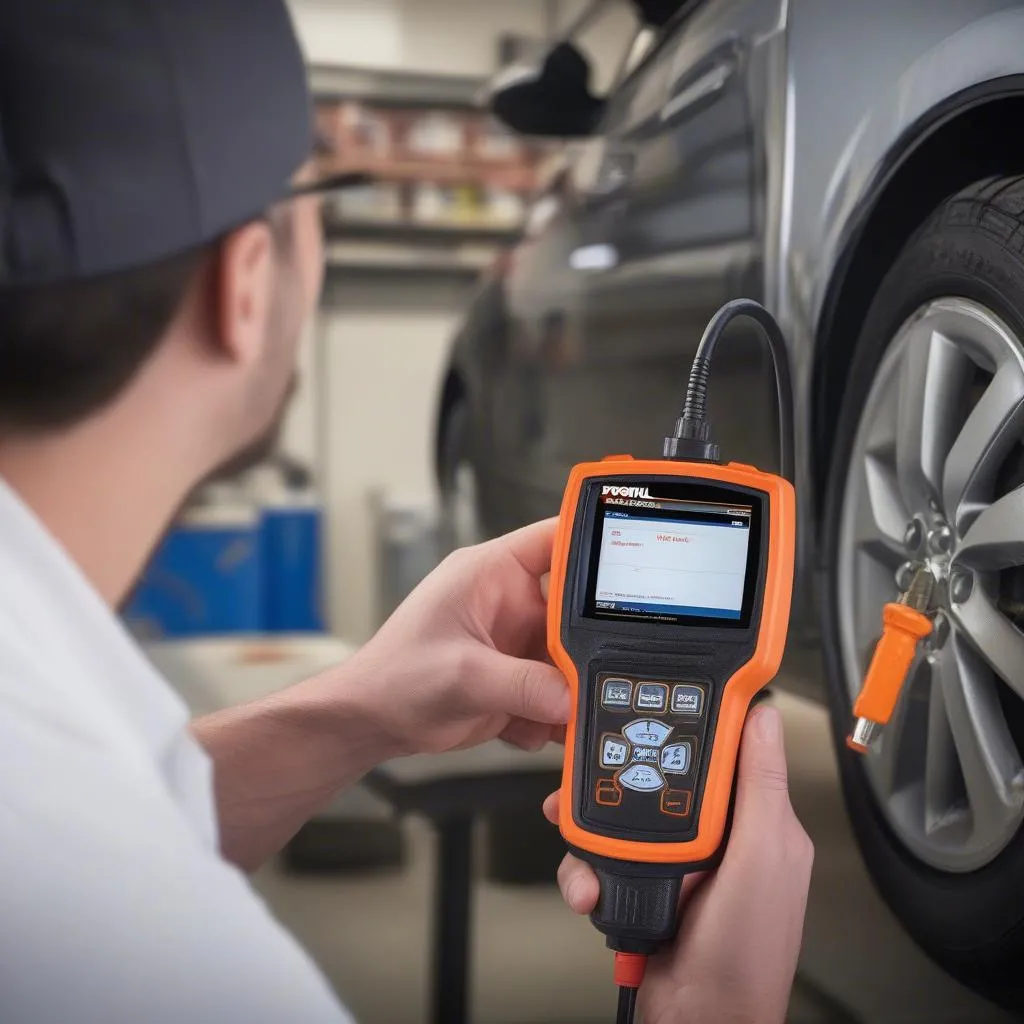 Le Foxwell T1000 TPMS Tool utilisé dans un atelier de réparation automobile 