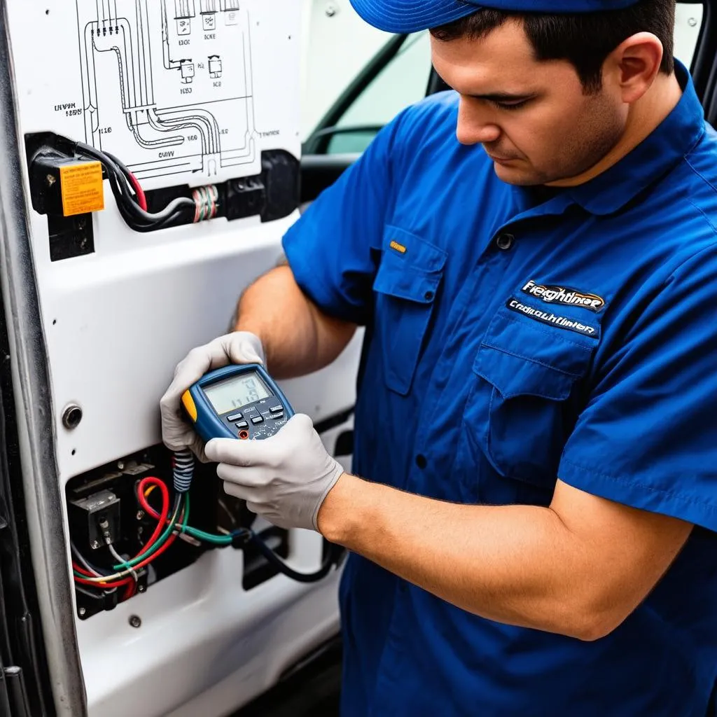 Mechanic diagnosing electrical problem on a Freightliner truck