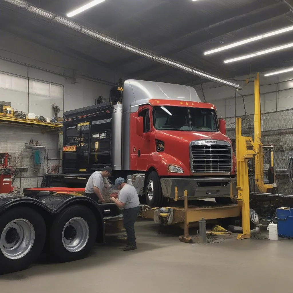 Camion Freightliner en réparation dans un atelier spécialisé