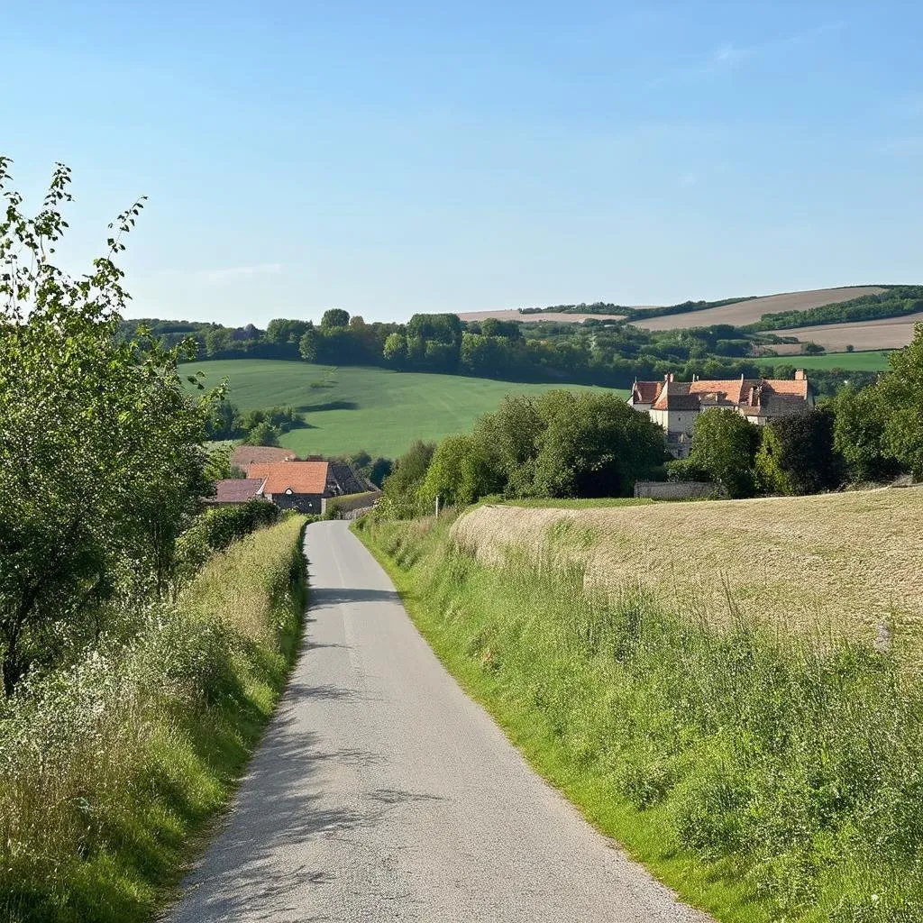 Route de campagne française menant à Beaumont-lès-Autels